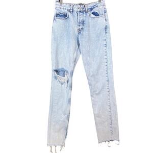 Boohoo Man Mens Jeans Blue Denim Slim Straight Raw Hems Distress 100% Cotton 28R